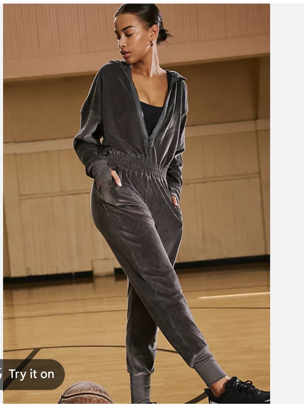Free People Charcoal Velour Hooded Zip Jumpsuit